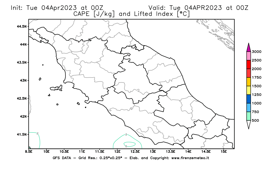 GFS analysi map - CAPE [J/kg] and Lifted Index [°C] in Central Italy
									on 04/04/2023 00 <!--googleoff: index-->UTC<!--googleon: index-->