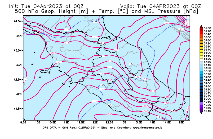 GFS analysi map - Geopotential [m] + Temp. [°C] at 500 hPa + Sea Level Pressure [hPa] in Central Italy
									on 04/04/2023 00 <!--googleoff: index-->UTC<!--googleon: index-->