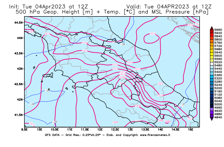 Mappa di analisi GFS - Geopotenziale [m] + Temp. [°C] a 500 hPa + Press. a livello del mare [hPa] in Centro-Italia
							del 04/04/2023 12 <!--googleoff: index-->UTC<!--googleon: index-->