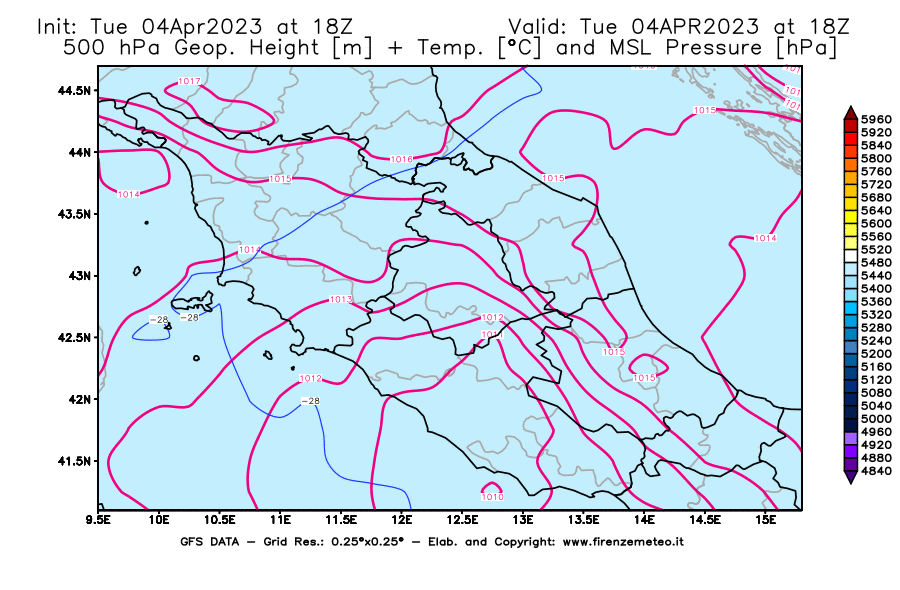 Mappa di analisi GFS - Geopotenziale [m] + Temp. [°C] a 500 hPa + Press. a livello del mare [hPa] in Centro-Italia
							del 04/04/2023 18 <!--googleoff: index-->UTC<!--googleon: index-->