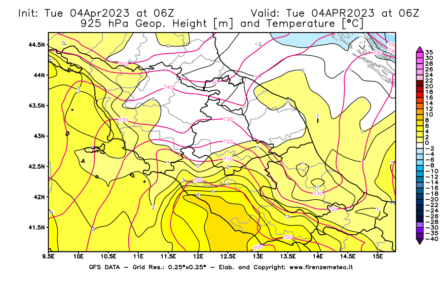 Mappa di analisi GFS - Geopotenziale [m] e Temperatura [°C] a 925 hPa in Centro-Italia
							del 04/04/2023 06 <!--googleoff: index-->UTC<!--googleon: index-->