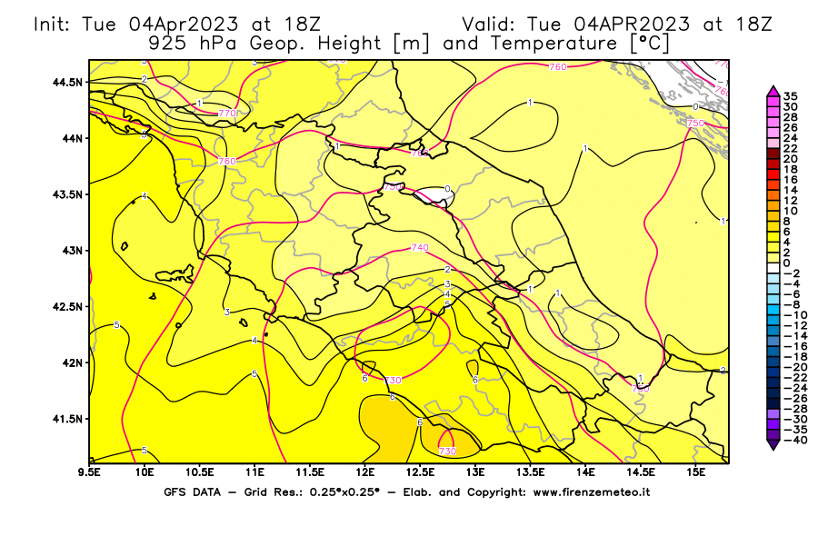 Mappa di analisi GFS - Geopotenziale [m] e Temperatura [°C] a 925 hPa in Centro-Italia
							del 04/04/2023 18 <!--googleoff: index-->UTC<!--googleon: index-->
