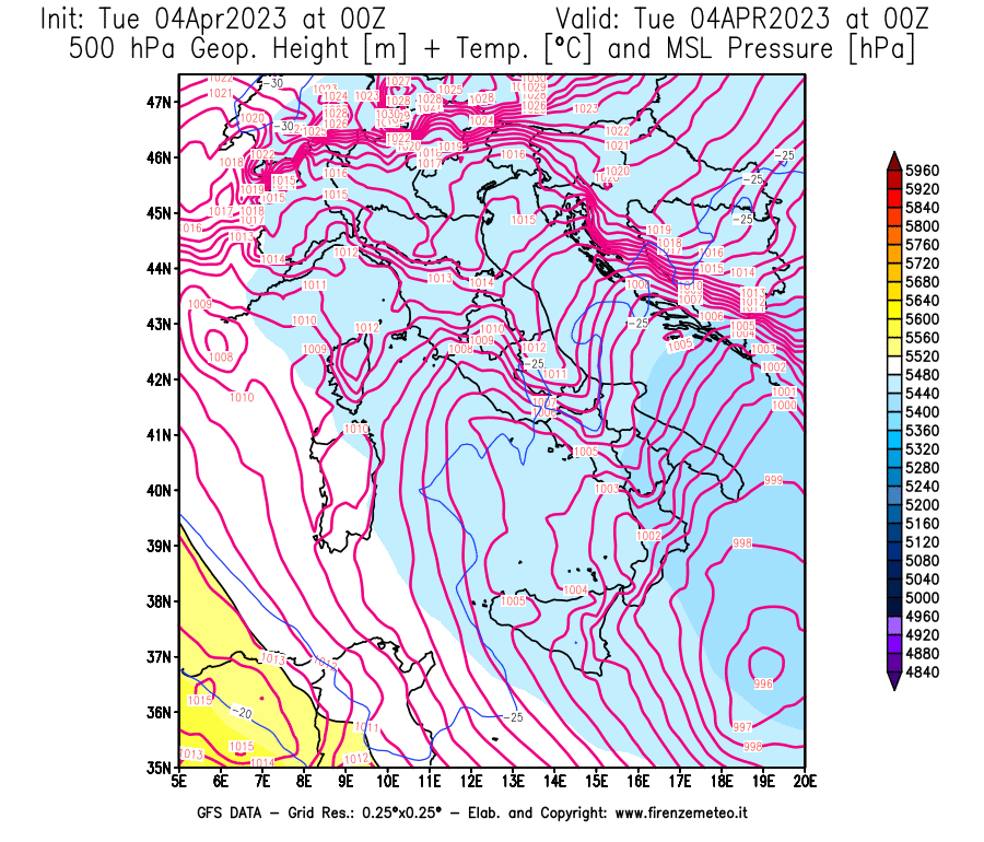 Mappa di analisi GFS - Geopotenziale [m] + Temp. [°C] a 500 hPa + Press. a livello del mare [hPa] in Italia
							del 04/04/2023 00 <!--googleoff: index-->UTC<!--googleon: index-->