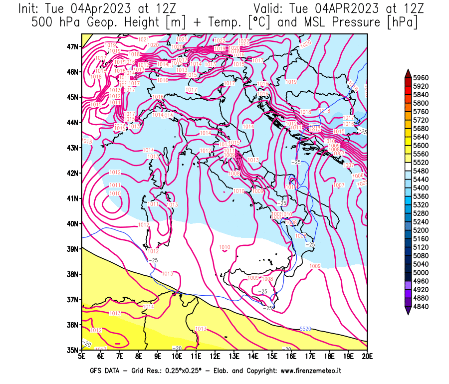 Mappa di analisi GFS - Geopotenziale [m] + Temp. [°C] a 500 hPa + Press. a livello del mare [hPa] in Italia
							del 04/04/2023 12 <!--googleoff: index-->UTC<!--googleon: index-->