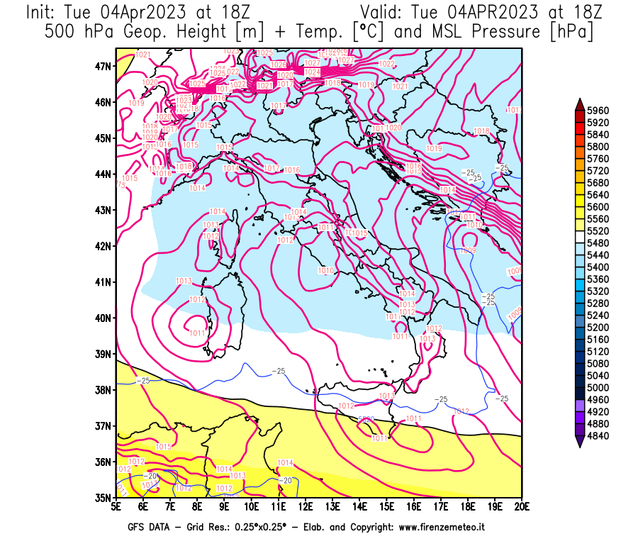 Mappa di analisi GFS - Geopotenziale [m] + Temp. [°C] a 500 hPa + Press. a livello del mare [hPa] in Italia
							del 04/04/2023 18 <!--googleoff: index-->UTC<!--googleon: index-->
