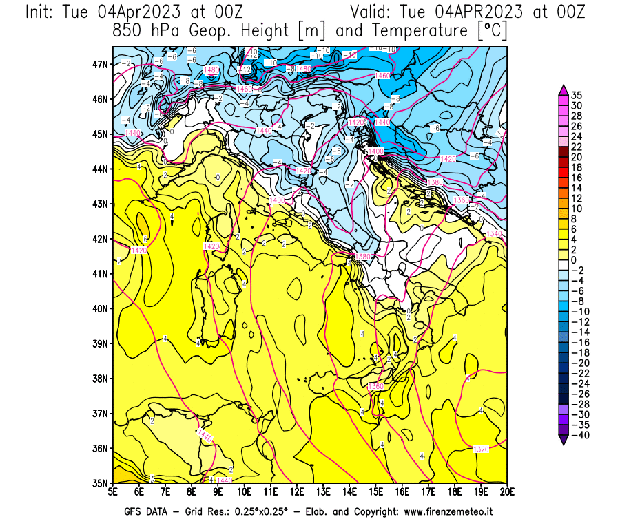 GFS analysi map - Geopotential [m] and Temperature [°C] at 850 hPa in Italy
									on 04/04/2023 00 <!--googleoff: index-->UTC<!--googleon: index-->
