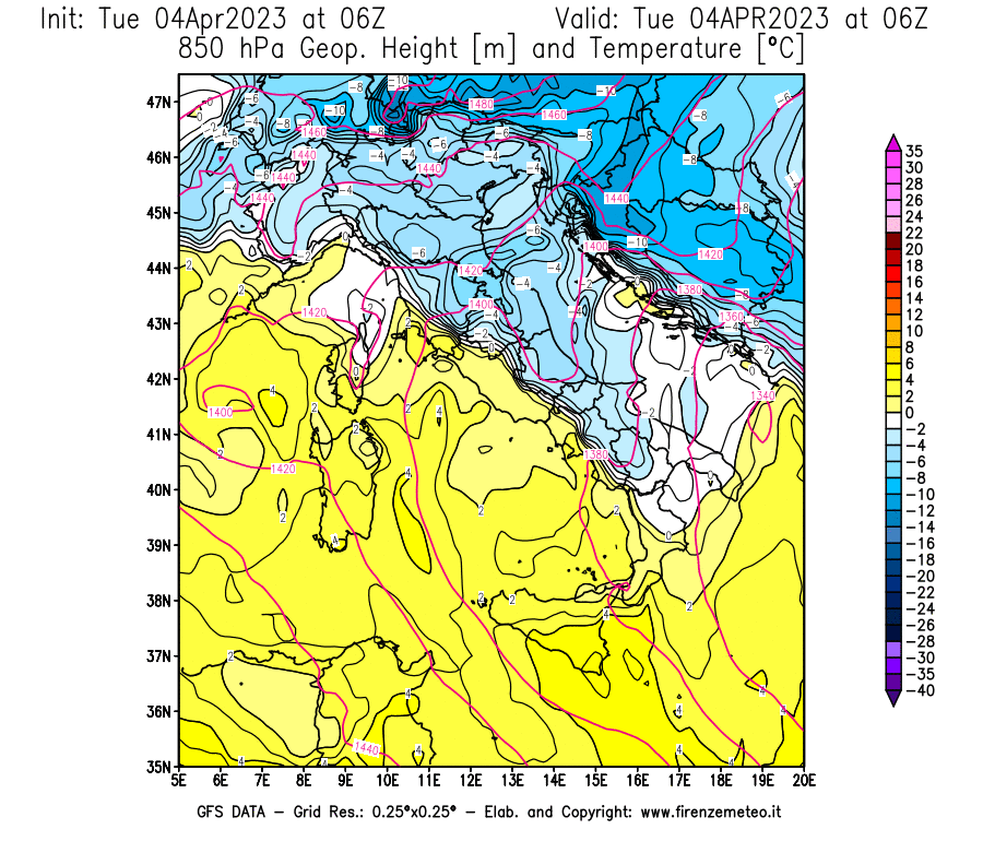 GFS analysi map - Geopotential [m] and Temperature [°C] at 850 hPa in Italy
									on 04/04/2023 06 <!--googleoff: index-->UTC<!--googleon: index-->