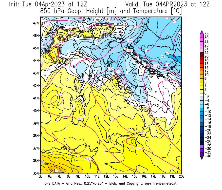 GFS analysi map - Geopotential [m] and Temperature [°C] at 850 hPa in Italy
									on 04/04/2023 12 <!--googleoff: index-->UTC<!--googleon: index-->