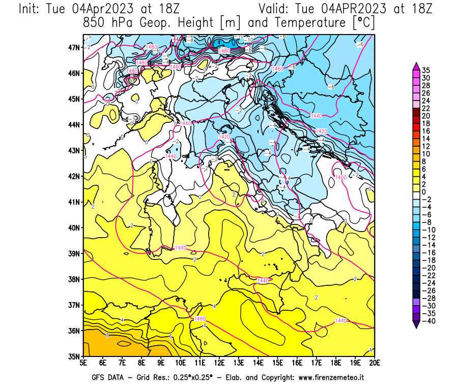 GFS analysi map - Geopotential [m] and Temperature [°C] at 850 hPa in Italy
									on 04/04/2023 18 <!--googleoff: index-->UTC<!--googleon: index-->