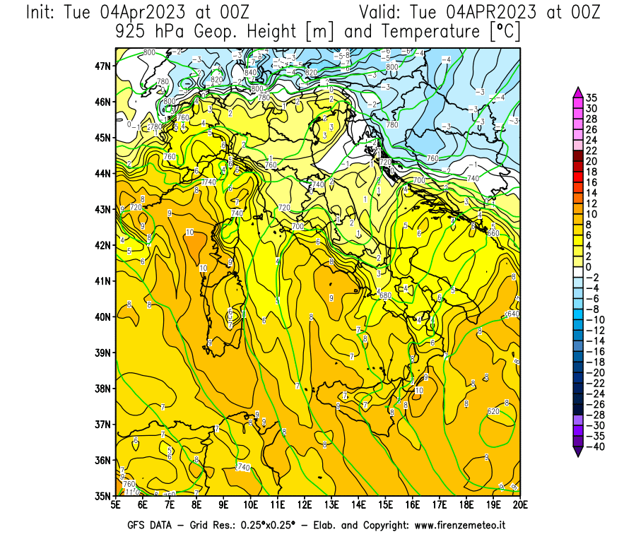 Mappa di analisi GFS - Geopotenziale [m] e Temperatura [°C] a 925 hPa in Italia
							del 04/04/2023 00 <!--googleoff: index-->UTC<!--googleon: index-->