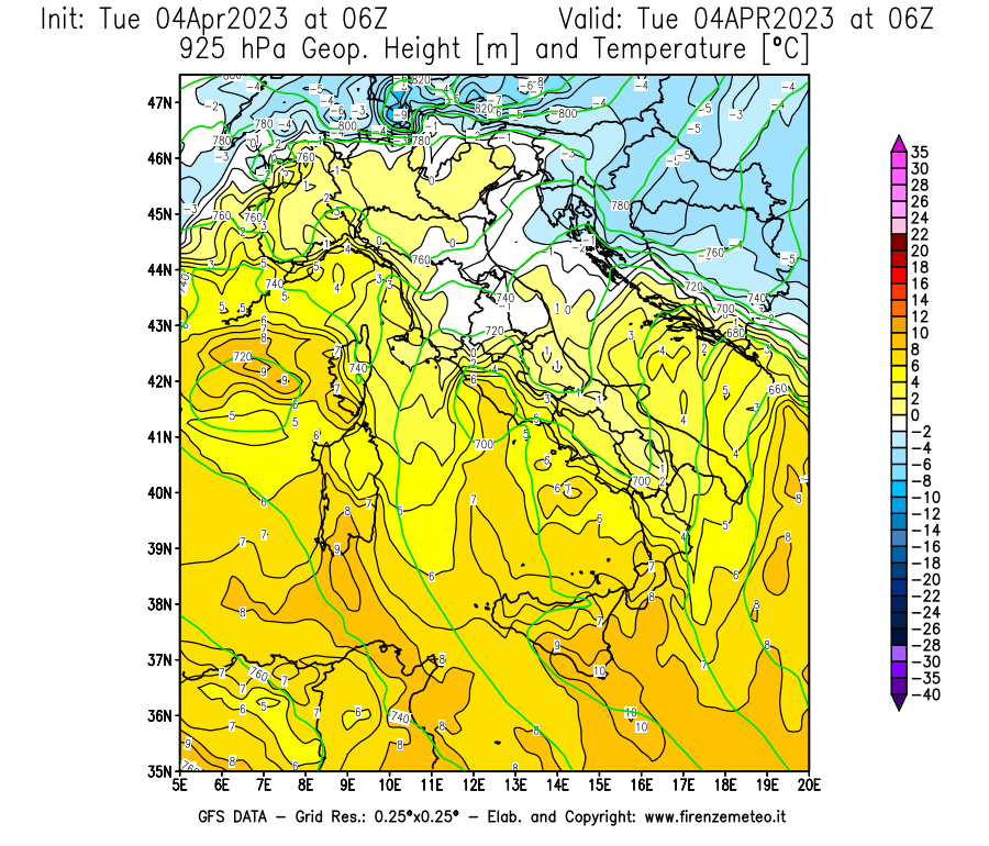 Mappa di analisi GFS - Geopotenziale [m] e Temperatura [°C] a 925 hPa in Italia
							del 04/04/2023 06 <!--googleoff: index-->UTC<!--googleon: index-->