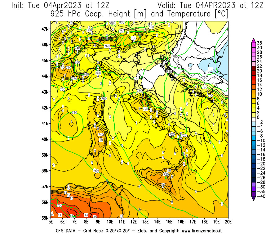 GFS analysi map - Geopotential [m] and Temperature [°C] at 925 hPa in Italy
									on 04/04/2023 12 <!--googleoff: index-->UTC<!--googleon: index-->