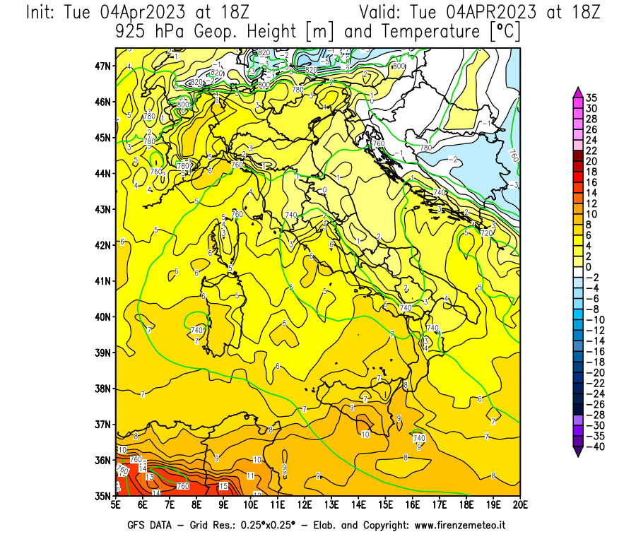Mappa di analisi GFS - Geopotenziale [m] e Temperatura [°C] a 925 hPa in Italia
							del 04/04/2023 18 <!--googleoff: index-->UTC<!--googleon: index-->