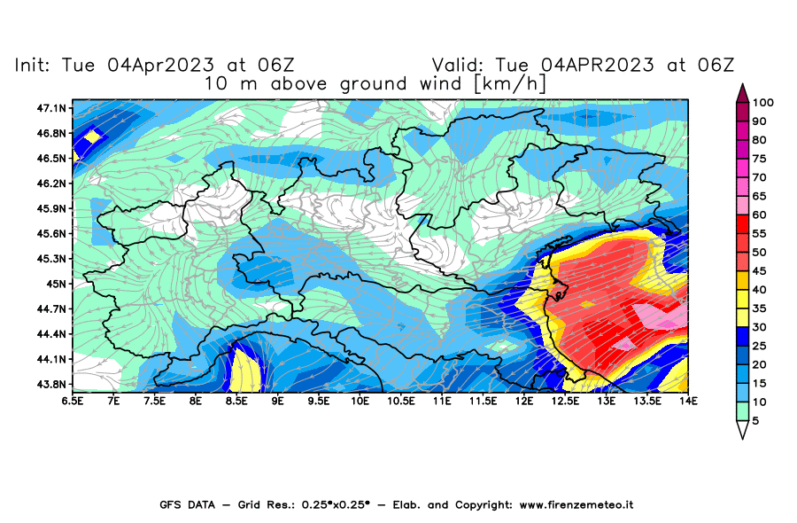 GFS analysi map - Wind Speed at 10 m above ground [km/h] in Northern Italy
									on 04/04/2023 06 <!--googleoff: index-->UTC<!--googleon: index-->