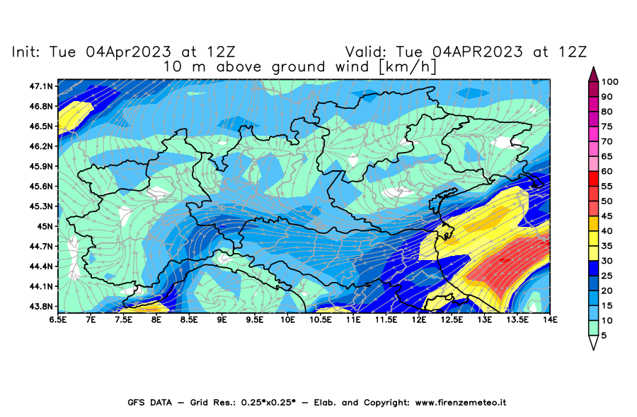 GFS analysi map - Wind Speed at 10 m above ground [km/h] in Northern Italy
									on 04/04/2023 12 <!--googleoff: index-->UTC<!--googleon: index-->