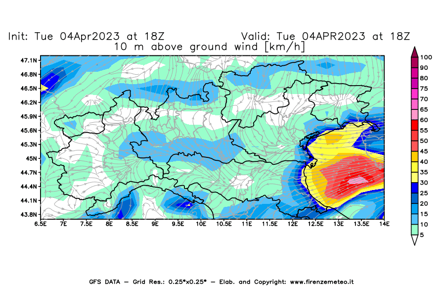 GFS analysi map - Wind Speed at 10 m above ground [km/h] in Northern Italy
									on 04/04/2023 18 <!--googleoff: index-->UTC<!--googleon: index-->