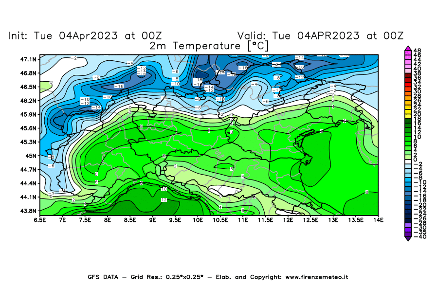 GFS analysi map - Temperature at 2 m above ground [°C] in Northern Italy
									on 04/04/2023 00 <!--googleoff: index-->UTC<!--googleon: index-->
