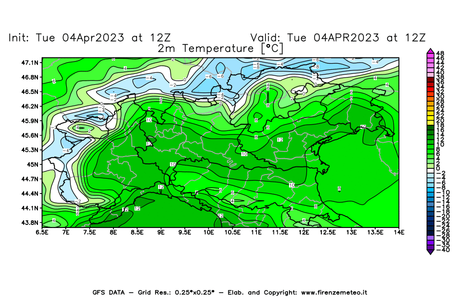 GFS analysi map - Temperature at 2 m above ground [°C] in Northern Italy
									on 04/04/2023 12 <!--googleoff: index-->UTC<!--googleon: index-->
