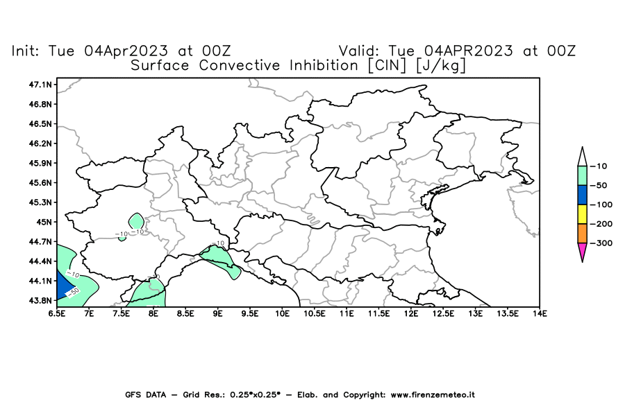 Mappa di analisi GFS - CIN [J/kg] in Nord-Italia
							del 04/04/2023 00 <!--googleoff: index-->UTC<!--googleon: index-->