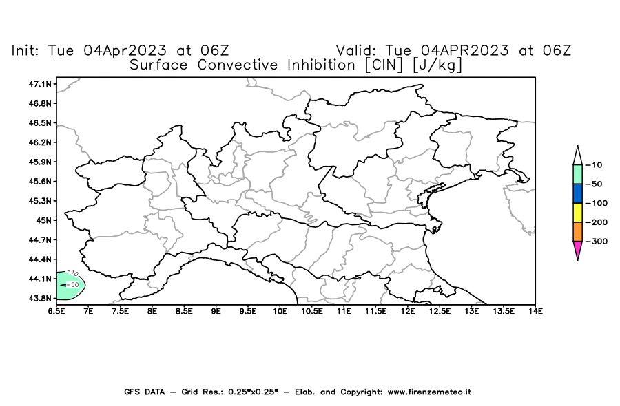 Mappa di analisi GFS - CIN [J/kg] in Nord-Italia
							del 04/04/2023 06 <!--googleoff: index-->UTC<!--googleon: index-->