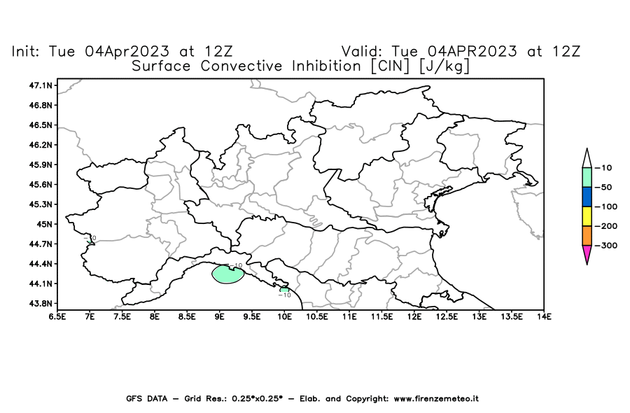 Mappa di analisi GFS - CIN [J/kg] in Nord-Italia
							del 04/04/2023 12 <!--googleoff: index-->UTC<!--googleon: index-->