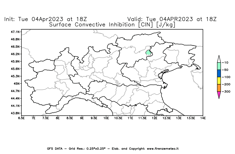 GFS analysi map - CIN [J/kg] in Northern Italy
									on 04/04/2023 18 <!--googleoff: index-->UTC<!--googleon: index-->