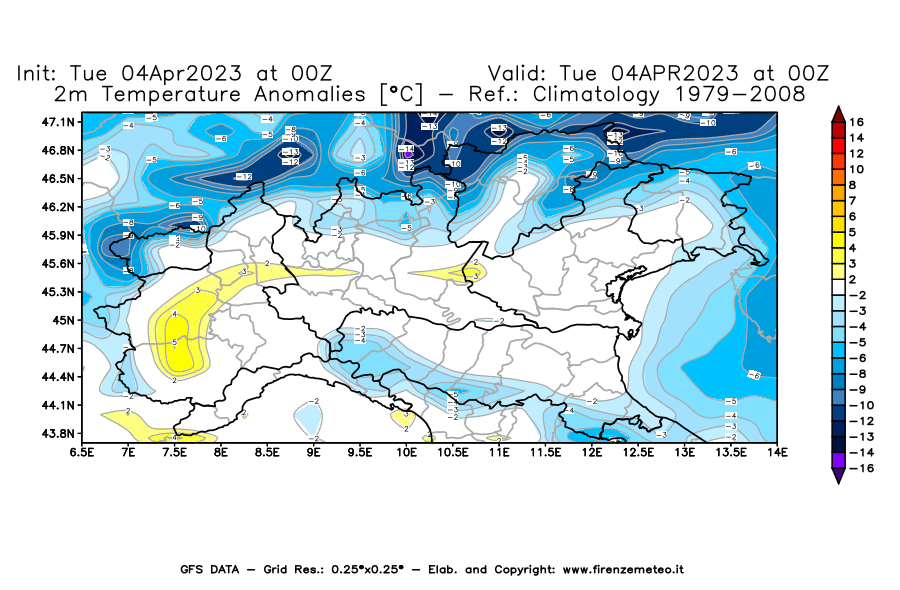 GFS analysi map - Temperature Anomalies [°C] at 2 m in Northern Italy
									on 04/04/2023 00 <!--googleoff: index-->UTC<!--googleon: index-->