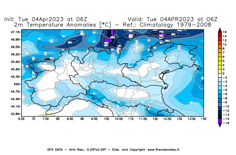 Mappa di analisi GFS - Anomalia Temperatura [°C] a 2 m in Nord-Italia
							del 04/04/2023 06 <!--googleoff: index-->UTC<!--googleon: index-->