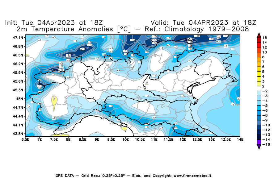 Mappa di analisi GFS - Anomalia Temperatura [°C] a 2 m in Nord-Italia
							del 04/04/2023 18 <!--googleoff: index-->UTC<!--googleon: index-->