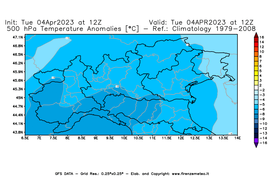 GFS analysi map - Temperature Anomalies [°C] at 500 hPa in Northern Italy
									on 04/04/2023 12 <!--googleoff: index-->UTC<!--googleon: index-->
