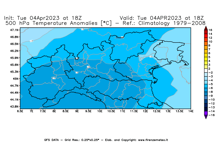 GFS analysi map - Temperature Anomalies [°C] at 500 hPa in Northern Italy
									on 04/04/2023 18 <!--googleoff: index-->UTC<!--googleon: index-->