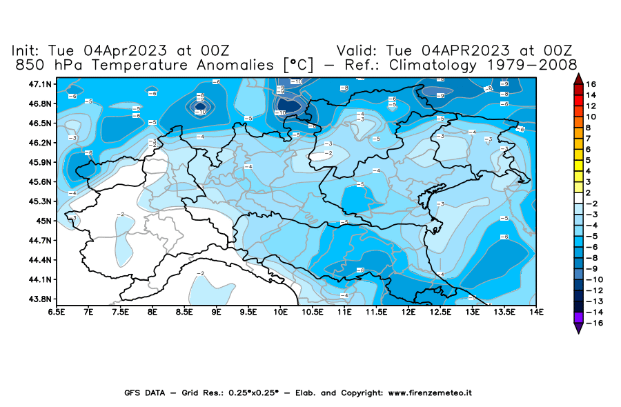 GFS analysi map - Temperature Anomalies [°C] at 850 hPa in Northern Italy
									on 04/04/2023 00 <!--googleoff: index-->UTC<!--googleon: index-->