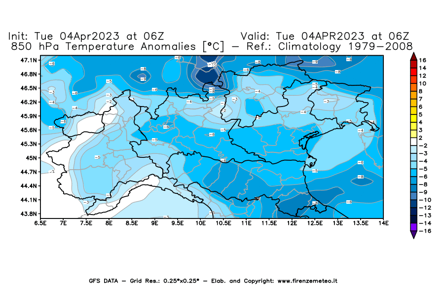 GFS analysi map - Temperature Anomalies [°C] at 850 hPa in Northern Italy
									on 04/04/2023 06 <!--googleoff: index-->UTC<!--googleon: index-->
