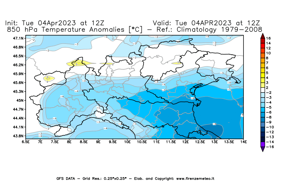GFS analysi map - Temperature Anomalies [°C] at 850 hPa in Northern Italy
									on 04/04/2023 12 <!--googleoff: index-->UTC<!--googleon: index-->