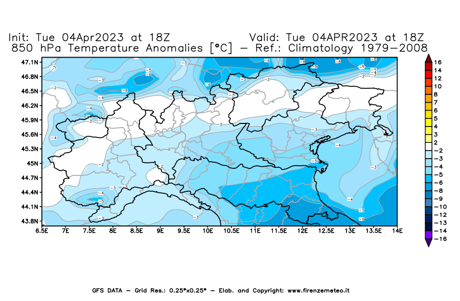 GFS analysi map - Temperature Anomalies [°C] at 850 hPa in Northern Italy
									on 04/04/2023 18 <!--googleoff: index-->UTC<!--googleon: index-->