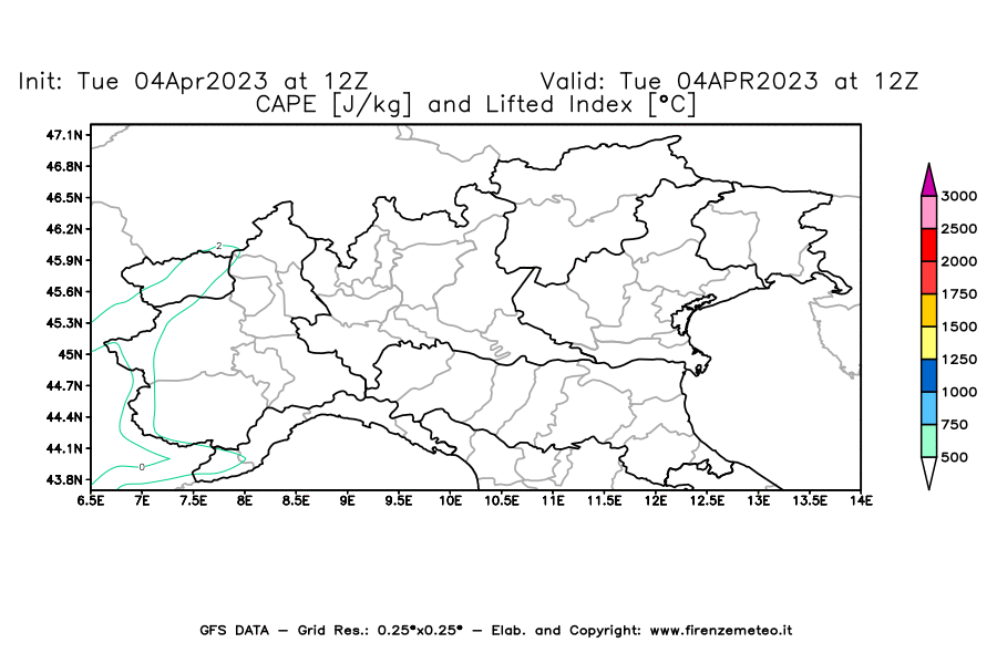 Mappa di analisi GFS - CAPE [J/kg] e Lifted Index [°C] in Nord-Italia
							del 04/04/2023 12 <!--googleoff: index-->UTC<!--googleon: index-->