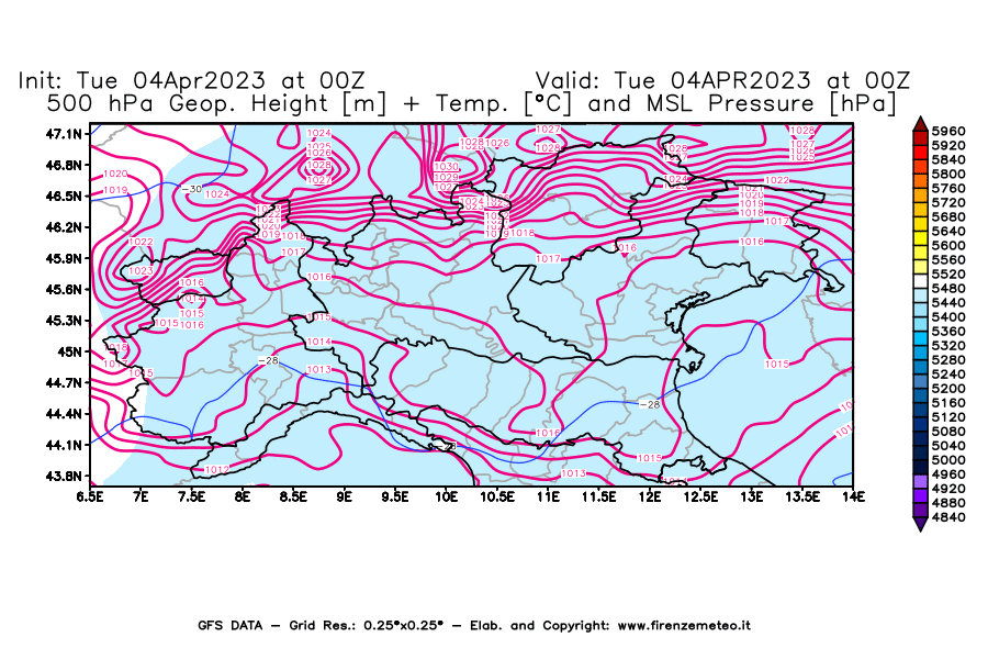 Mappa di analisi GFS - Geopotenziale [m] + Temp. [°C] a 500 hPa + Press. a livello del mare [hPa] in Nord-Italia
							del 04/04/2023 00 <!--googleoff: index-->UTC<!--googleon: index-->