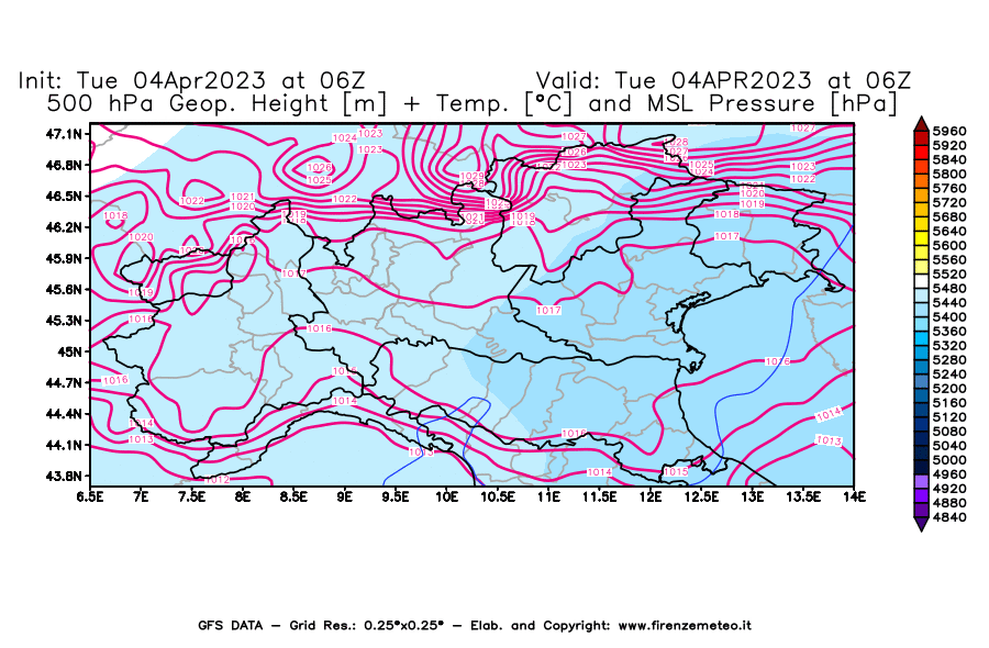 Mappa di analisi GFS - Geopotenziale [m] + Temp. [°C] a 500 hPa + Press. a livello del mare [hPa] in Nord-Italia
							del 04/04/2023 06 <!--googleoff: index-->UTC<!--googleon: index-->