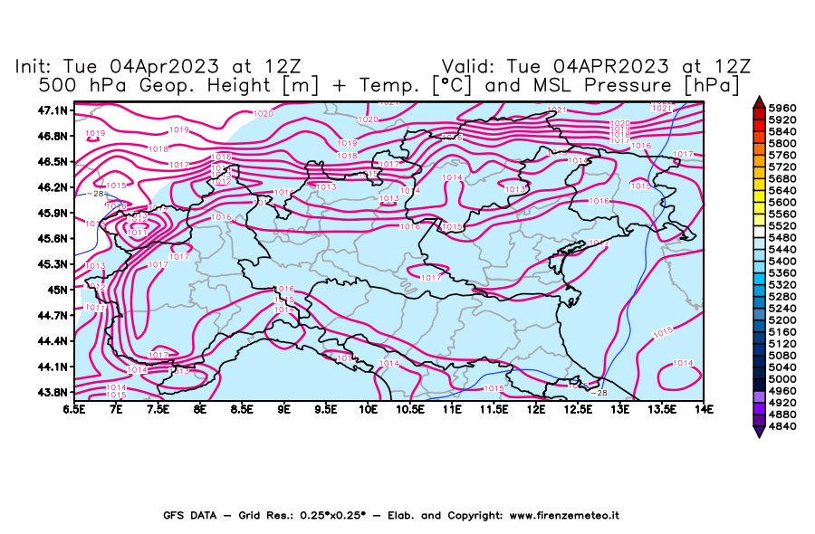 Mappa di analisi GFS - Geopotenziale [m] + Temp. [°C] a 500 hPa + Press. a livello del mare [hPa] in Nord-Italia
							del 04/04/2023 12 <!--googleoff: index-->UTC<!--googleon: index-->