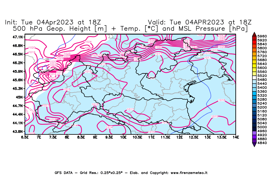 Mappa di analisi GFS - Geopotenziale [m] + Temp. [°C] a 500 hPa + Press. a livello del mare [hPa] in Nord-Italia
							del 04/04/2023 18 <!--googleoff: index-->UTC<!--googleon: index-->