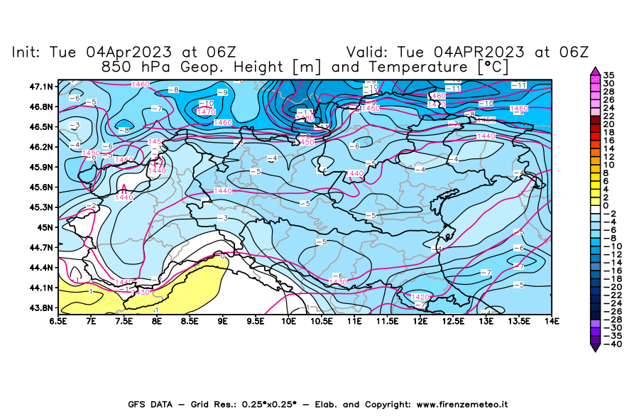 Mappa di analisi GFS - Geopotenziale [m] e Temperatura [°C] a 850 hPa in Nord-Italia
							del 04/04/2023 06 <!--googleoff: index-->UTC<!--googleon: index-->