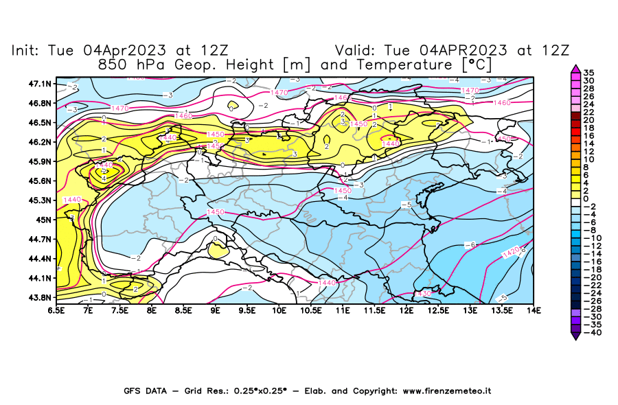 Mappa di analisi GFS - Geopotenziale [m] e Temperatura [°C] a 850 hPa in Nord-Italia
							del 04/04/2023 12 <!--googleoff: index-->UTC<!--googleon: index-->