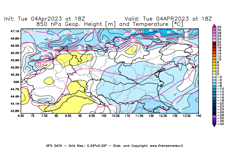 Mappa di analisi GFS - Geopotenziale [m] e Temperatura [°C] a 850 hPa in Nord-Italia
							del 04/04/2023 18 <!--googleoff: index-->UTC<!--googleon: index-->