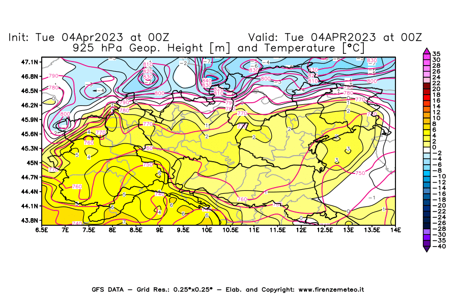 Mappa di analisi GFS - Geopotenziale [m] e Temperatura [°C] a 925 hPa in Nord-Italia
							del 04/04/2023 00 <!--googleoff: index-->UTC<!--googleon: index-->