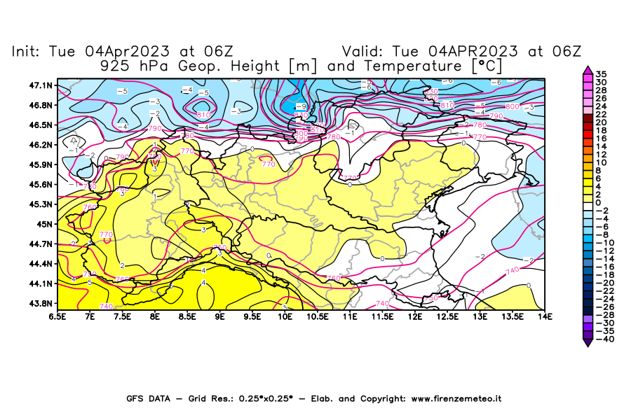 Mappa di analisi GFS - Geopotenziale [m] e Temperatura [°C] a 925 hPa in Nord-Italia
							del 04/04/2023 06 <!--googleoff: index-->UTC<!--googleon: index-->