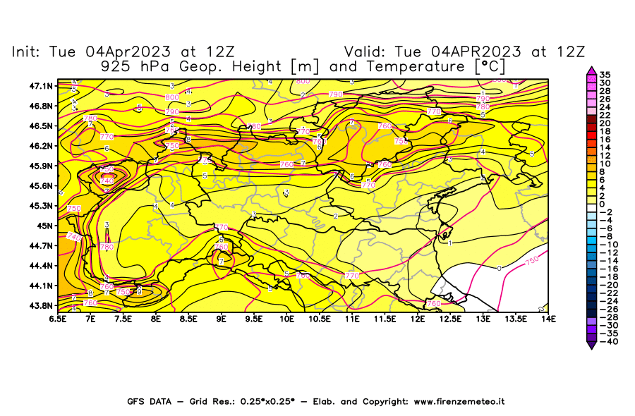Mappa di analisi GFS - Geopotenziale [m] e Temperatura [°C] a 925 hPa in Nord-Italia
							del 04/04/2023 12 <!--googleoff: index-->UTC<!--googleon: index-->