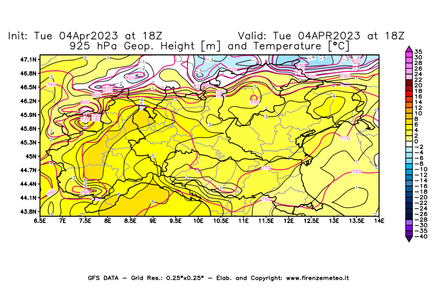 Mappa di analisi GFS - Geopotenziale [m] e Temperatura [°C] a 925 hPa in Nord-Italia
							del 04/04/2023 18 <!--googleoff: index-->UTC<!--googleon: index-->