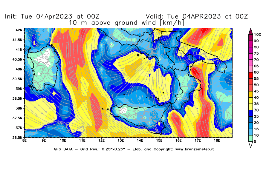 GFS analysi map - Wind Speed at 10 m above ground [km/h] in Southern Italy
									on 04/04/2023 00 <!--googleoff: index-->UTC<!--googleon: index-->