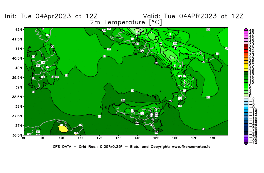 GFS analysi map - Temperature at 2 m above ground [°C] in Southern Italy
									on 04/04/2023 12 <!--googleoff: index-->UTC<!--googleon: index-->