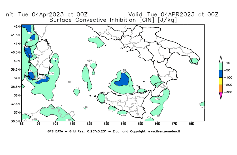GFS analysi map - CIN [J/kg] in Southern Italy
									on 04/04/2023 00 <!--googleoff: index-->UTC<!--googleon: index-->